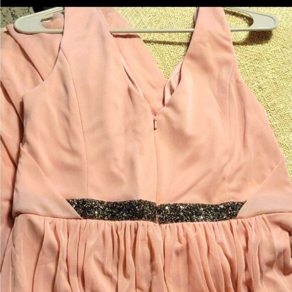 David's Bridal Long antique pink colored gown with rocky gunmetal gray trim wais - Picture 6 of 7